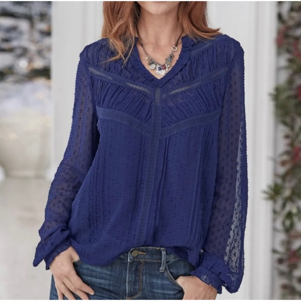 Sundance Silk Chiffon Swiss Dot Pintuck Lace‎ Top-Long Sleeve-Navy-Size Small